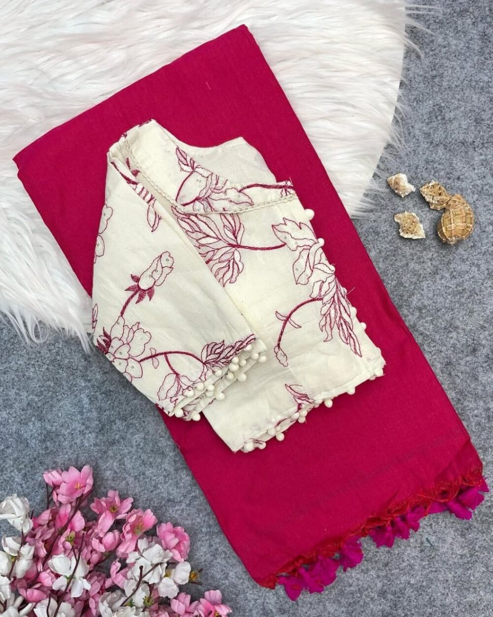 Khadi Cotton Saree with Embroidered Blouse - Image 3