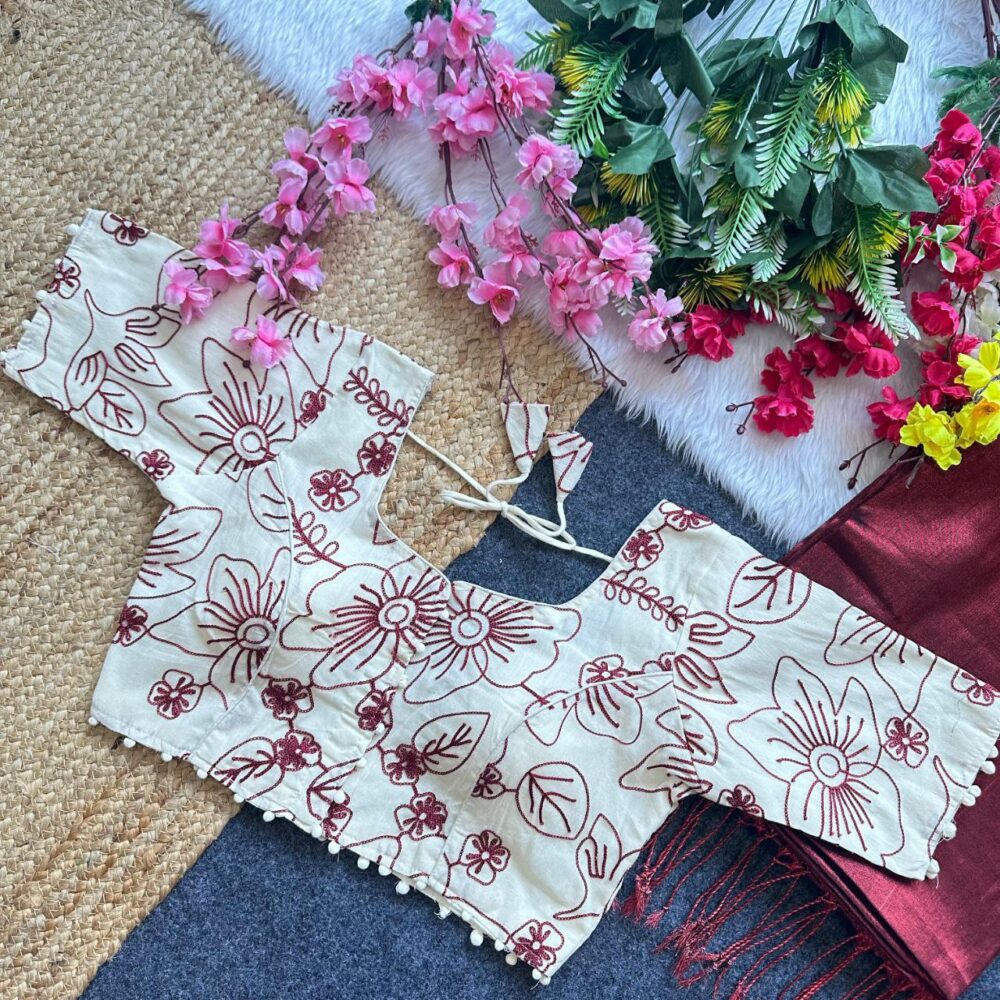 Tissue Cotton Saree With Embroidered Khadi Blouse - Image 2