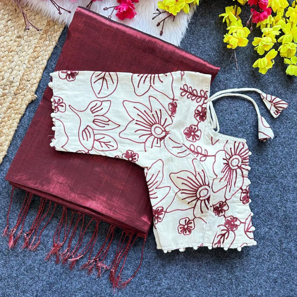 Tissue Cotton Saree With Embroidered Khadi Blouse