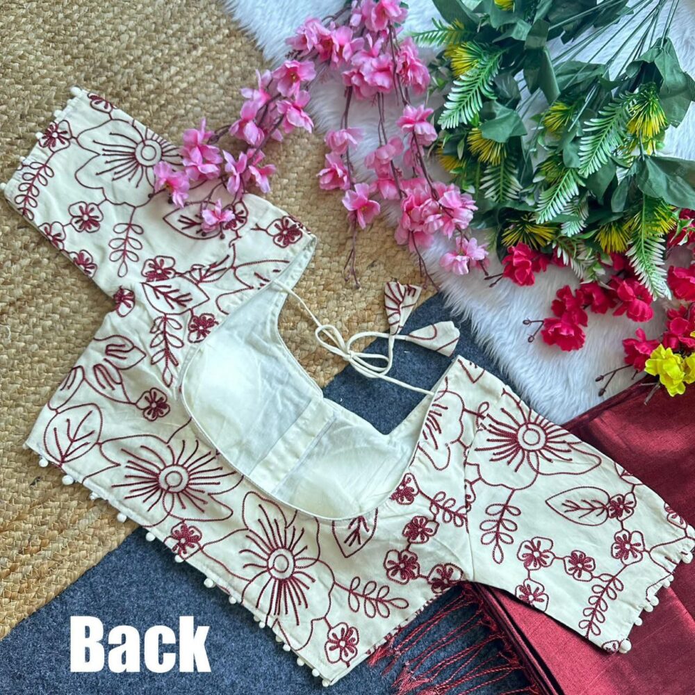 Tissue Cotton Saree With Embroidered Khadi Blouse - Image 3