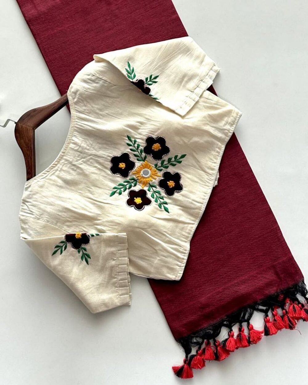 Khadi Cotton Saree With Flower Desginer Blouse