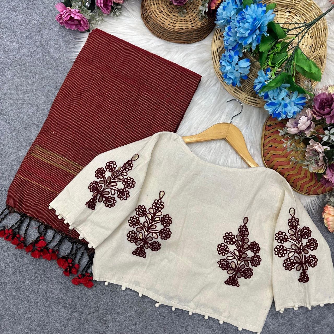 Khadi Cotton Saree With Exclusive Fancy Blouse