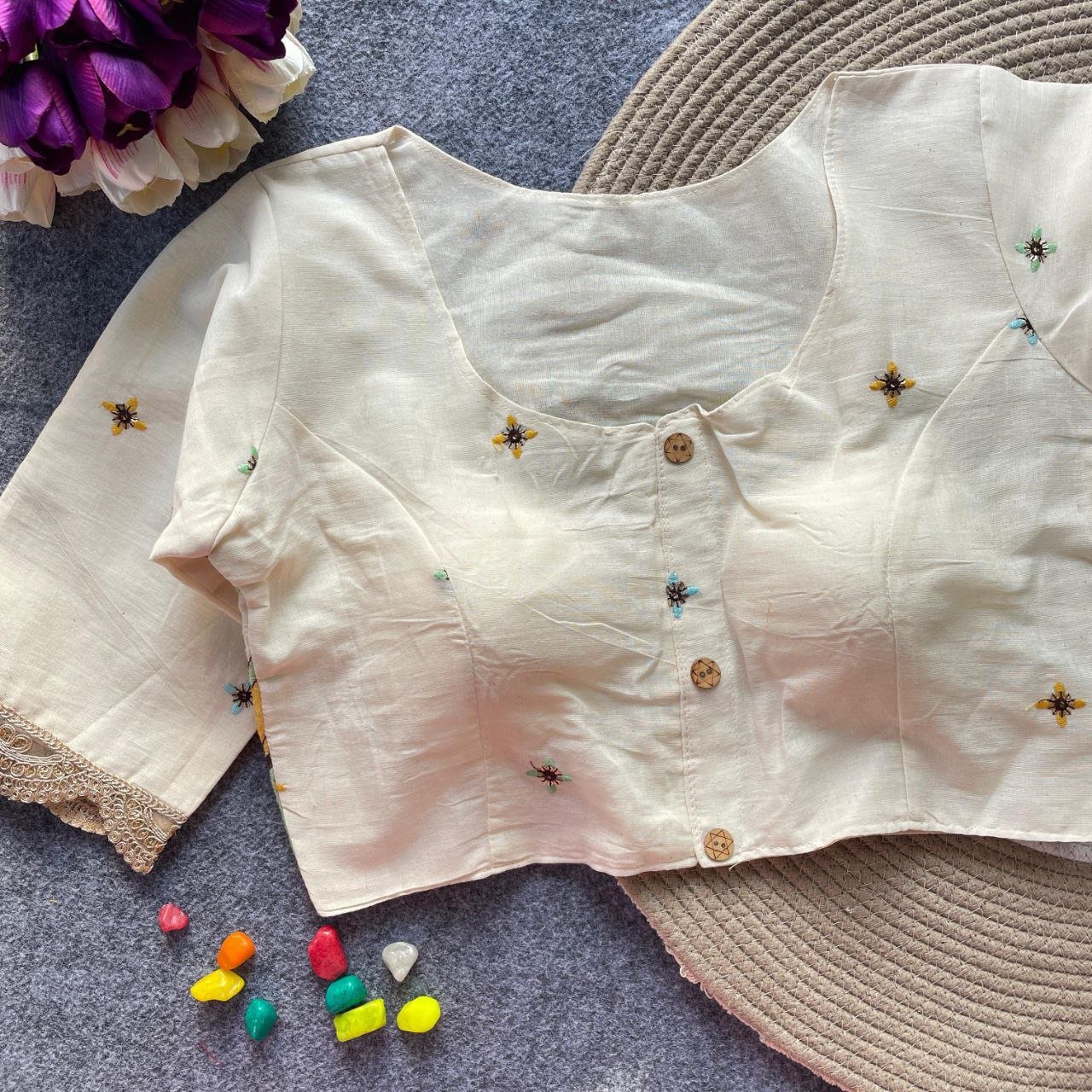 Khadi Cotton Embroidery Front Open Blouse - Image 3