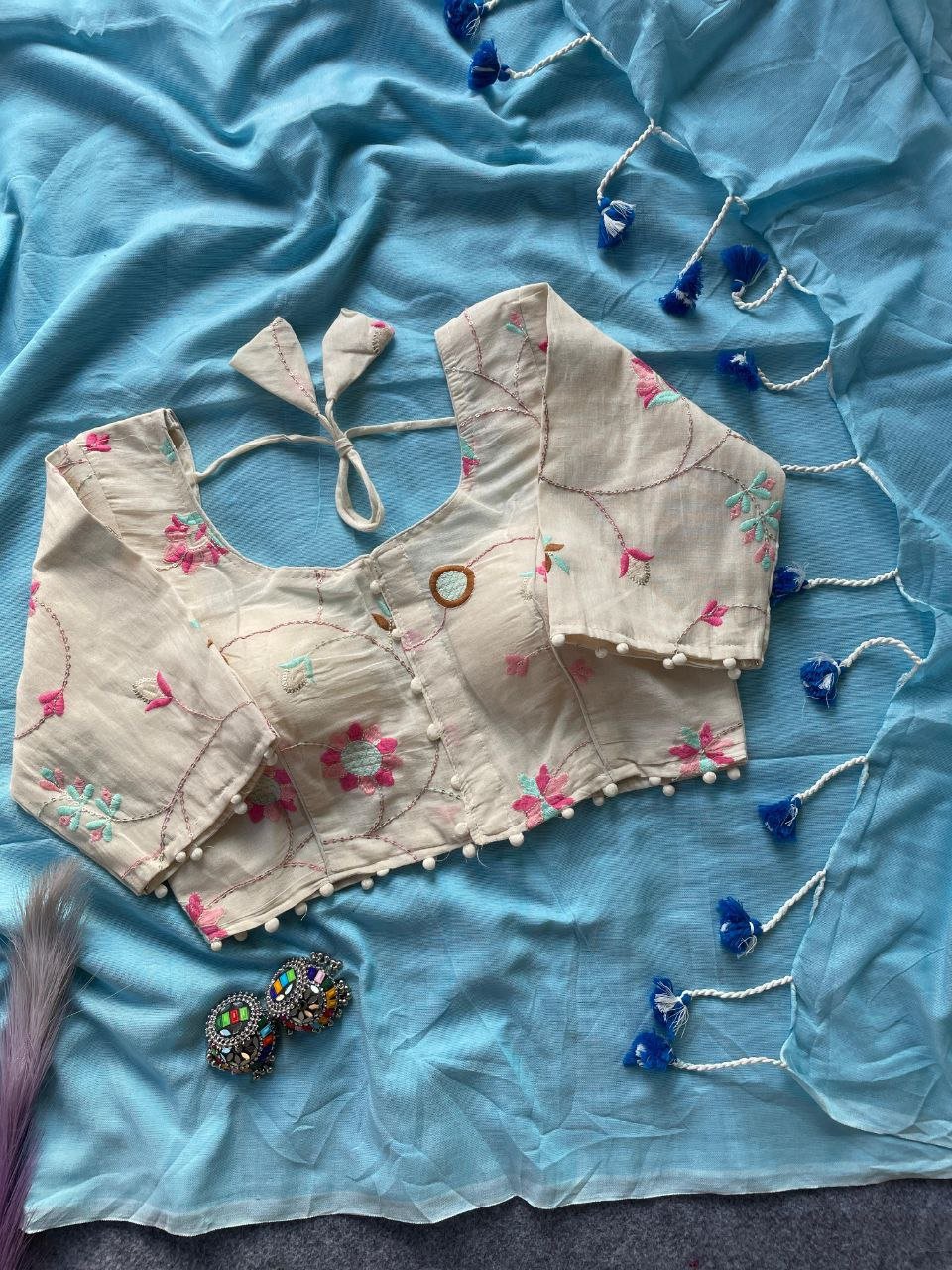 Khadi Cotton Saree with Embroidered Blouse - Image 3