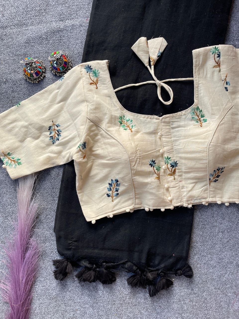 Khadi Cotton Saree With Embroidered Blouse - Image 3