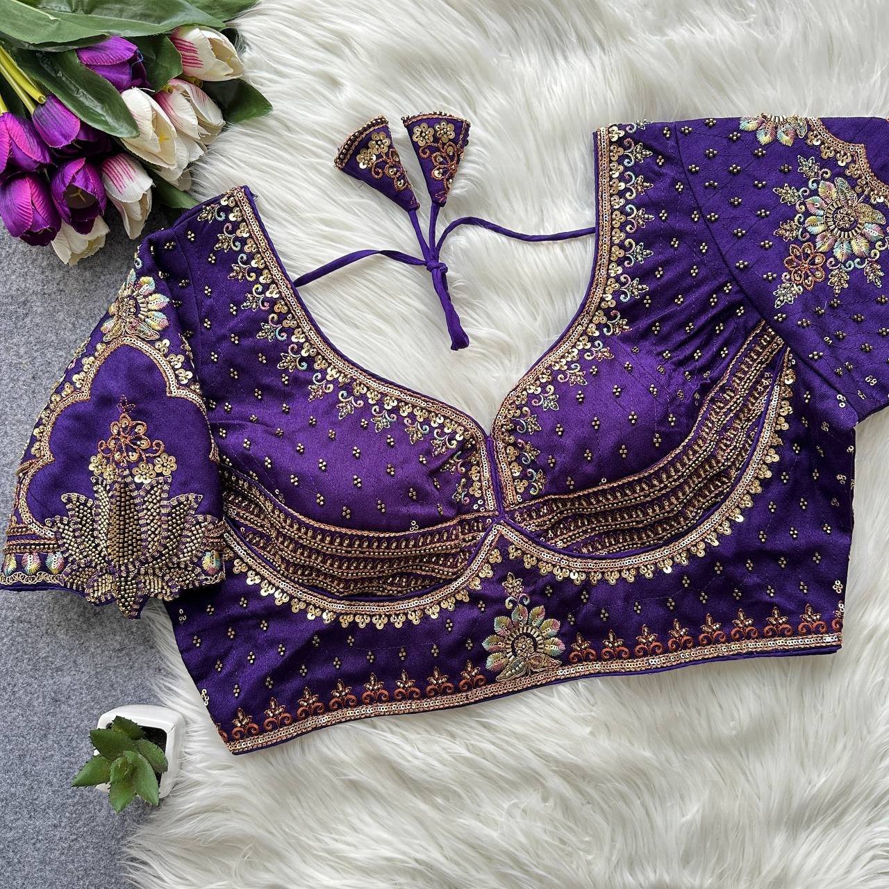 Pure Italian Silk Beads Work Designer Blouse - Image 2