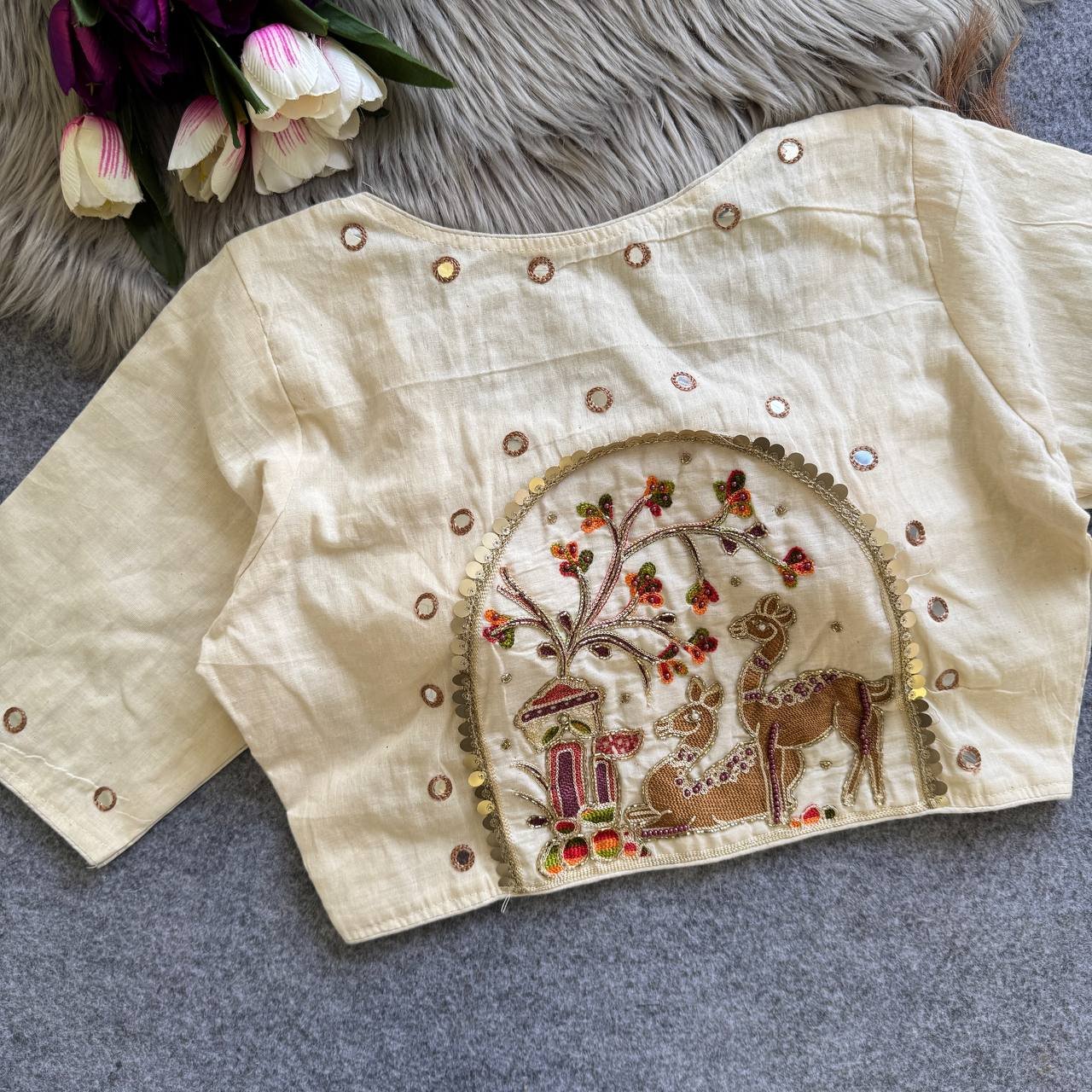 Khadi Cotton Patchwork With Mirror Designer Blouse - Image 2