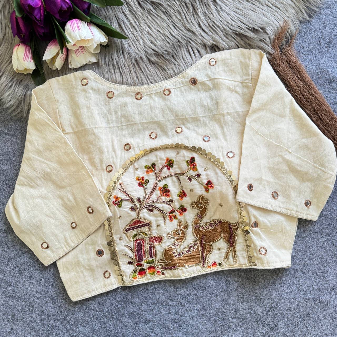 Khadi Cotton Patchwork With Mirror Designer Blouse